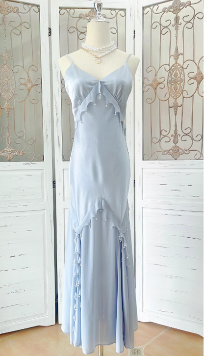 White Mermaid Spaghetti Strap Pearl Chiffon Satin Prom Dress Evening Dress Party Dress DP3584