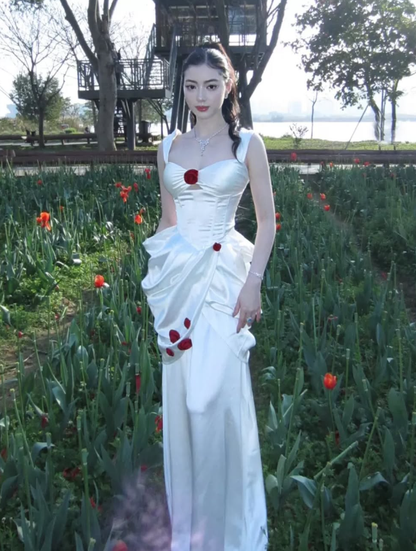 White Sheath Spaghetti Strap Pleated Satin Prom Dresses Outfits DP4198