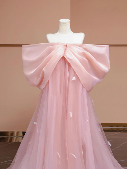 Pink Bow Floor Length Prom Dress, Lovely A-Line Princess Off the Shoulder Formal Dress DP2021