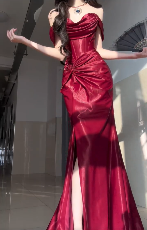 Elegant Burgundy Mermaid Off the Shoulder Satin Slit Prom Dress Graduation Ball Gown DP4561
