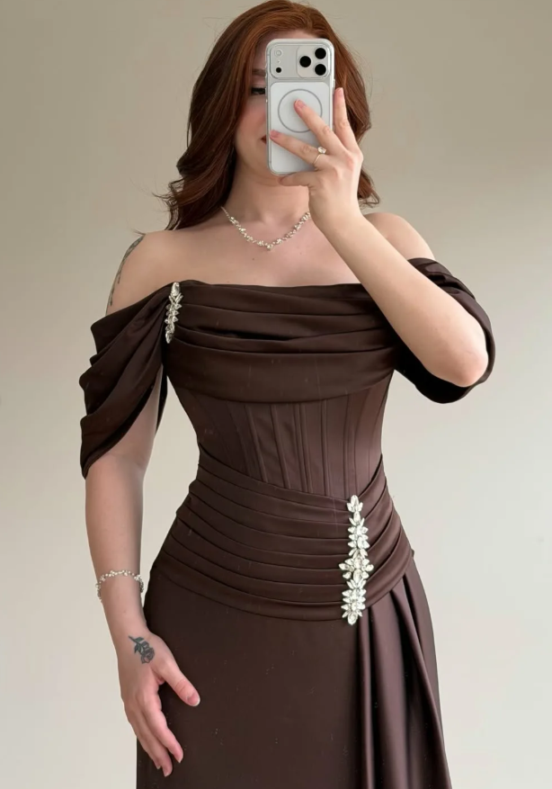 Elegant Brown A Line Off the Shoulder Satin Prom Dress Date Dress DP5090