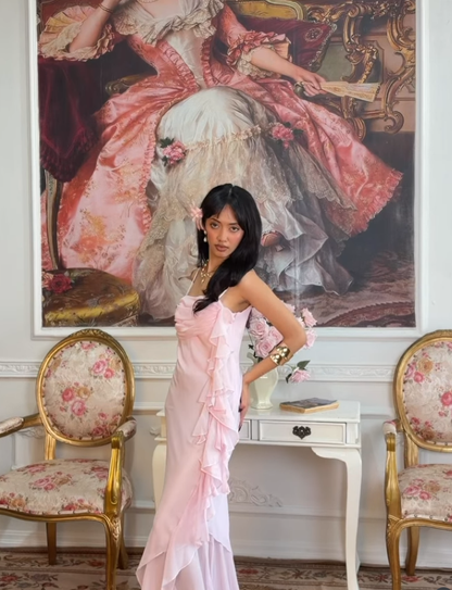 Pink Sheath Straps Ruffle Chiffon Long Prom Dress Evening Dress DP5126