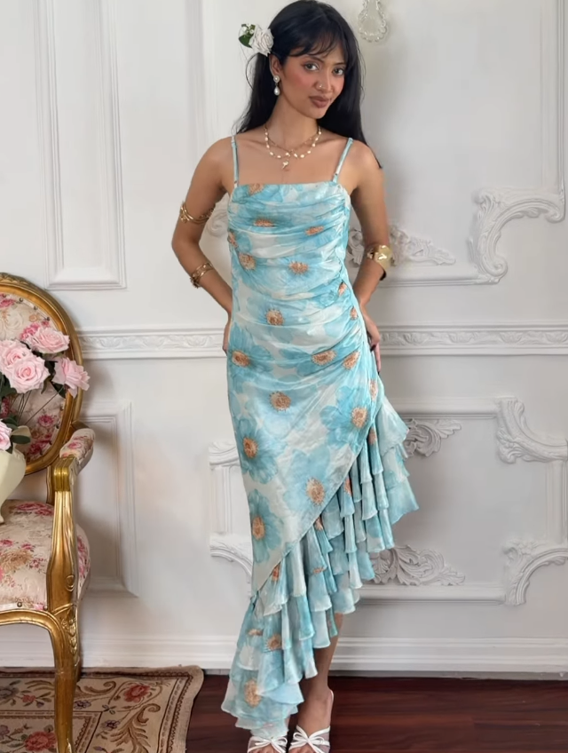 Cute Blue Print Floral Sheath Straps Ruffle Chiffon Prom Dress Evening Dress DP5129