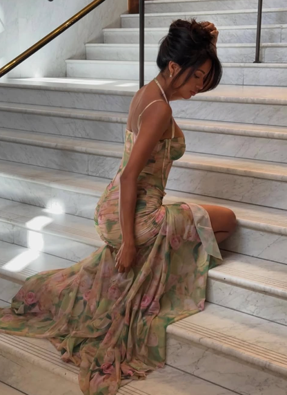 Flowy Print Flower Mermaid Spaghetti Strap Chiffon Prom Dress Evening Dress with Slit DP3134