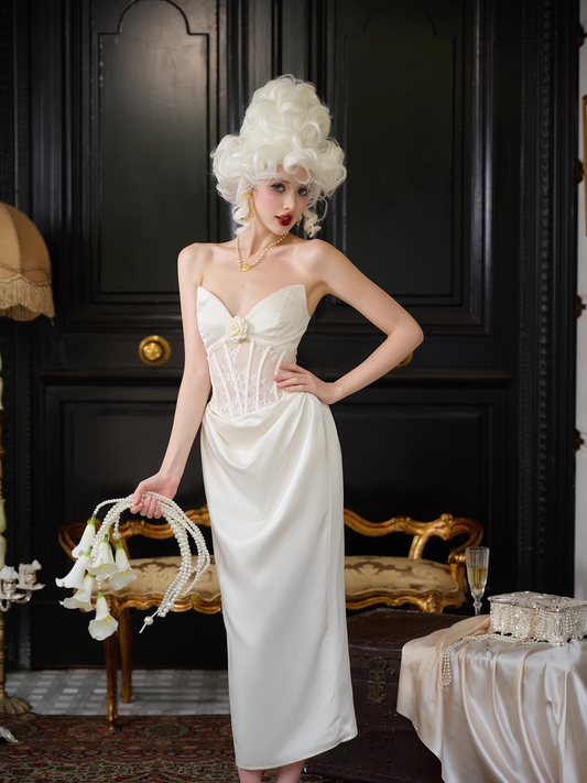 Gentle Sheath Sweetheart Neck Lace White Satin Party Dress Birthday Dress DP2743