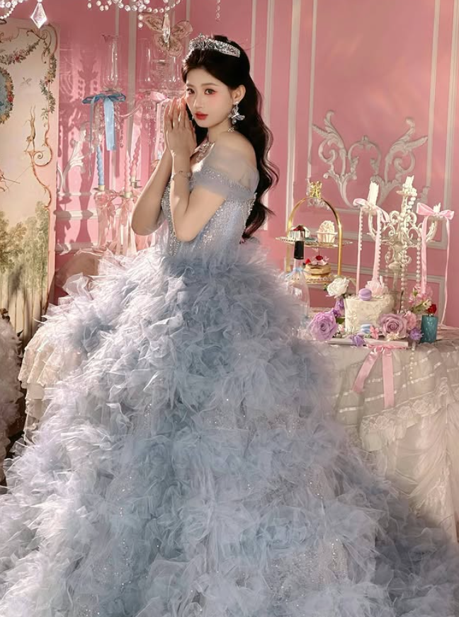 Stunning Blue Ball Gown Off the Shoulder Beaded Tulle Long Prom Dress DP4609