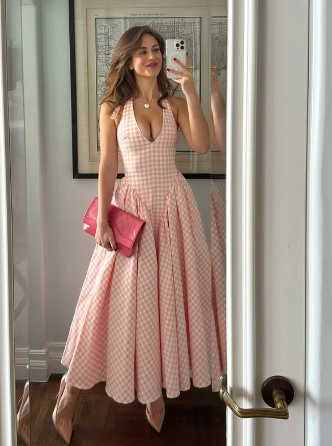 Gentle Pink A Line Halter Plaid Satin Prom Dress Evening Dress 16th Birthday Dress DP3953