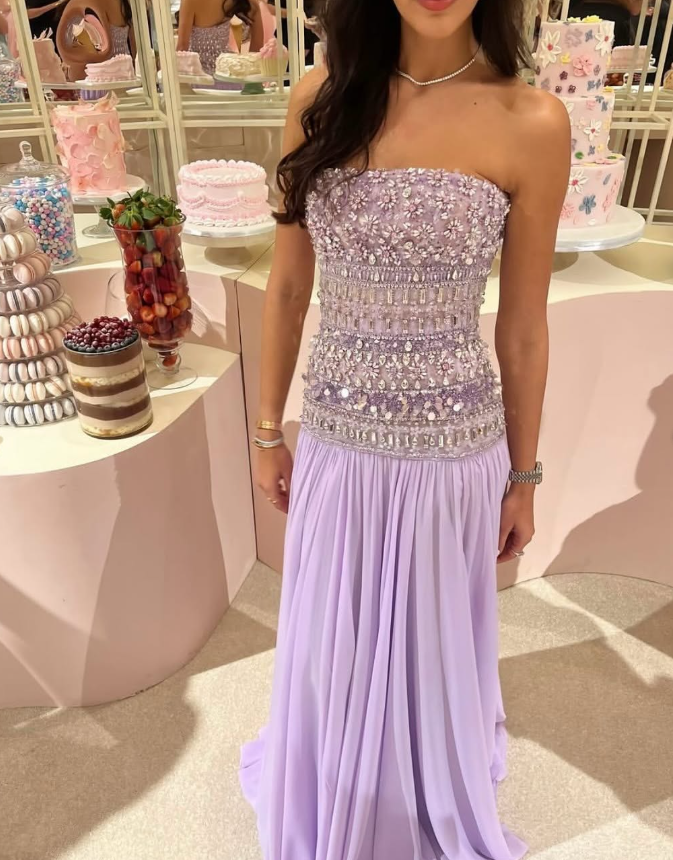 Stunning A Line Strapless Beaded Purple Chiffon Long Prom Dress Party Dress DP2583