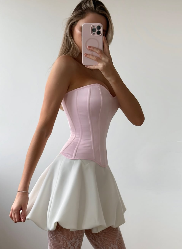 Cute A Line Sweetheart Neck Corset White Pink Satin Short Party Dress Homecoming Dress Birthday Dress DP3004
