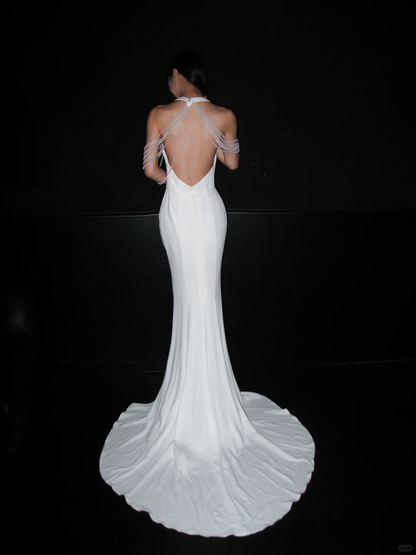Chic Mermaid Halter White Pearl Satin Backless Wedding Dress DP8112