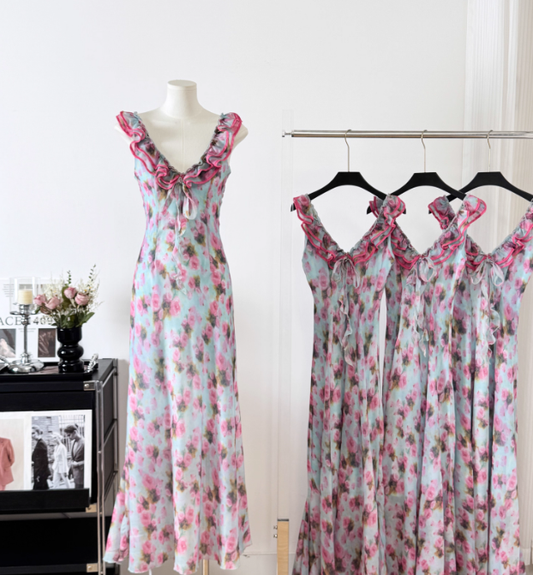 Gentle A Line V Neck Print Floral Chiffon Vacation Dress Prom Dress Outfits DP3554
