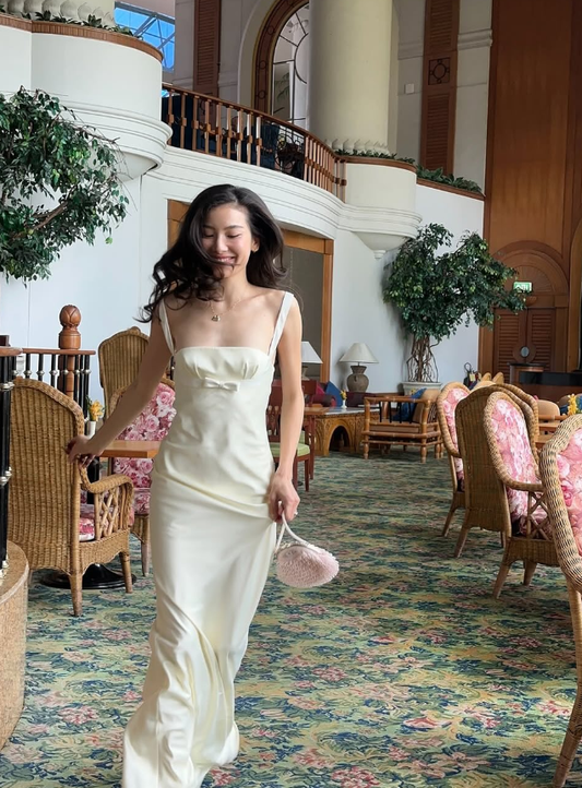 Ivory Sheath Straps Bow Satin Long Wedding Guest Dress Prom Dress DP4952