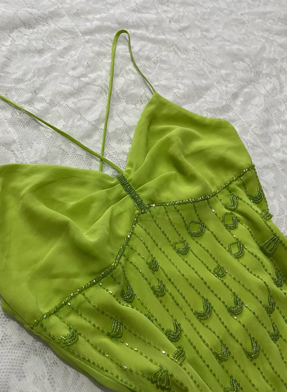 Cute Green A Line Spaghetti Strap Beaded Chiffon Open Back Prom Dress Graduation Prom Dress DP2258