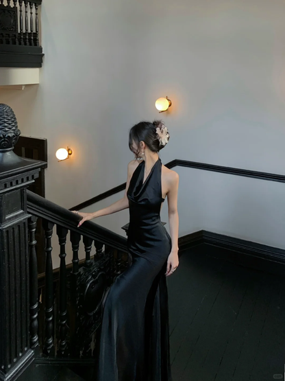 Sexy A Line Halter Black Chiffon Satin Open Back Prom Dress Party Dress DP4554