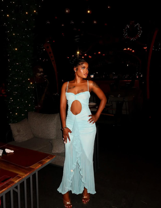 Baby Blue Sheath Spaghetti Strap Chiffon Prom Dress Evening Dress DP1930