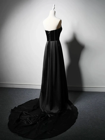 Black Strapless Velvet Satin Long Prom Dress Formal Bridesmaid Dress DP415