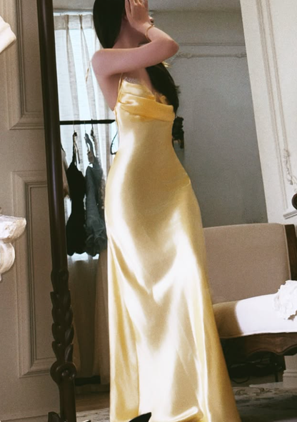 Yellow A Line Spaghetti Strap Lace Satin Prom Dress Evening Dress DP7950