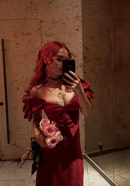 Burgundy A Line Puff V Neck Satin Long Prom Dress Date Dress DP4426