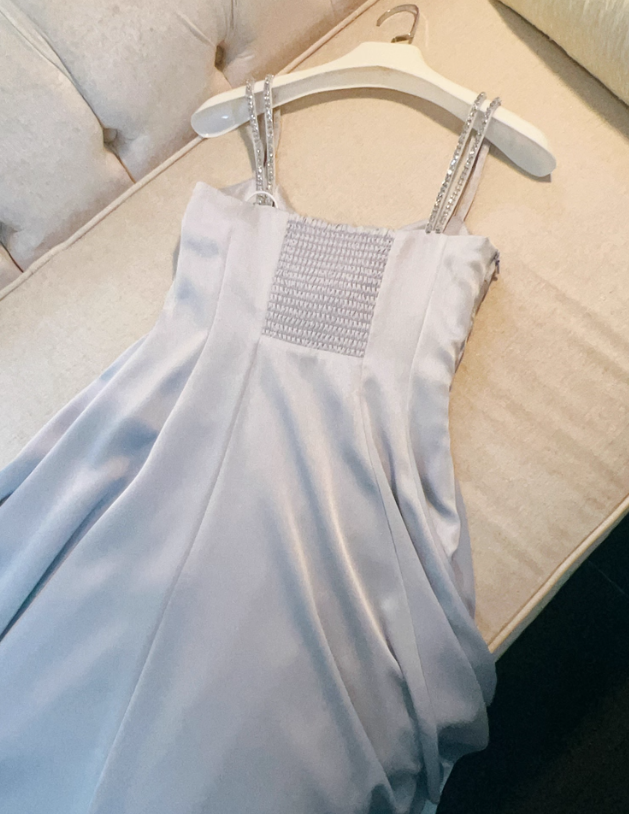 Classic Blue A Line Spaghetti Strap Beaded Satin Prom Dress Wedding Guest Dress DP4486