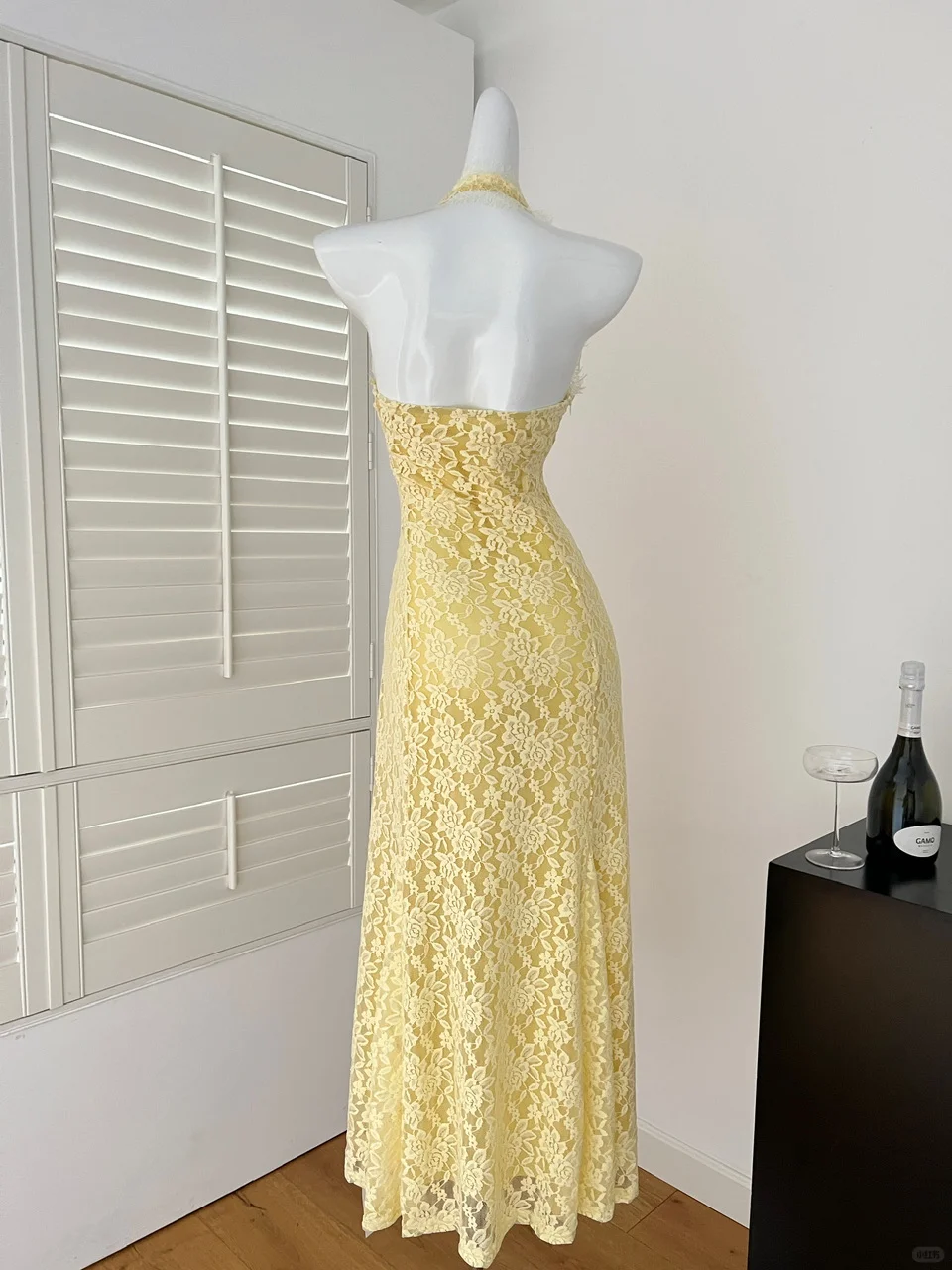Yellow A Line Halter Lace Long Open Back Prom Dress Evening Dress DP2570