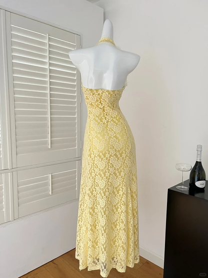 Yellow A Line Halter Lace Long Open Back Prom Dress Evening Dress DP2570