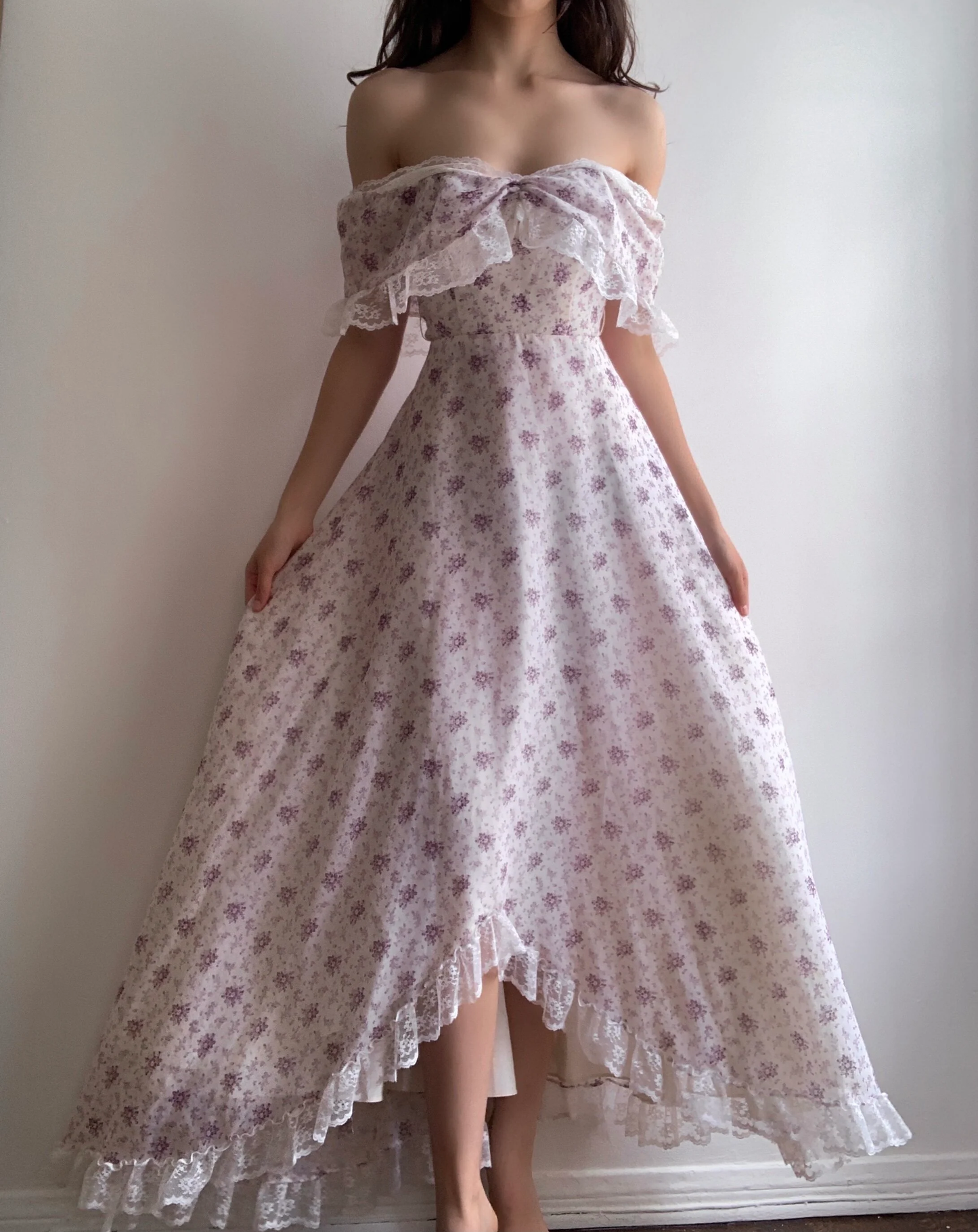 Purple Print Floral A Line Off the Shoulder Lace Chiffon Prom Dresses Evening Dress Date Dress DP3420