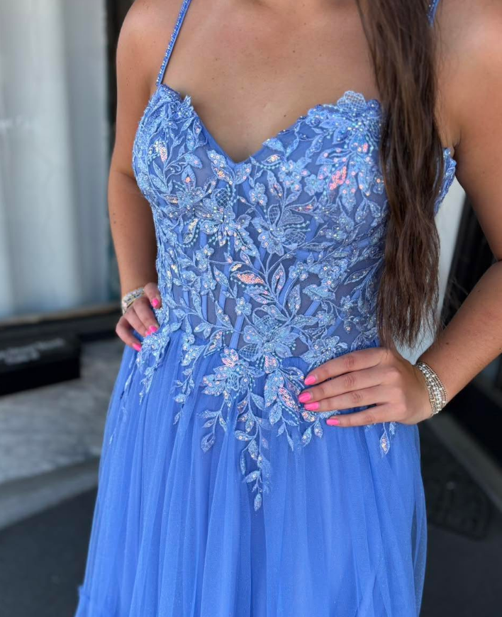 Beautiful A Line Spaghetti Strap Blue Appliques Tulle Prom Dress Party Evening Dress DP6293