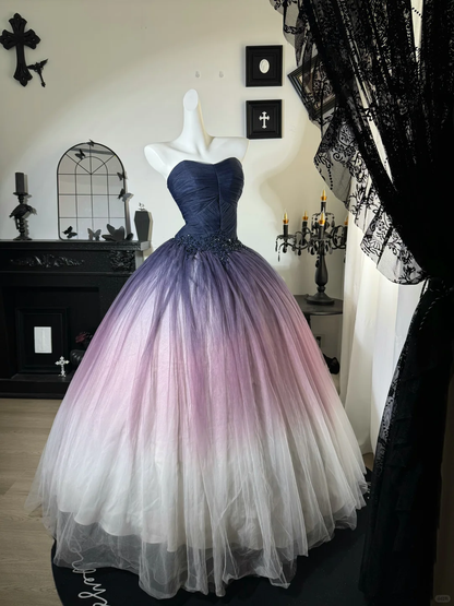 Purple Ombre A Line Sweetheart Neck Beaded Tulle Prom Dress Evening Dress DP6978