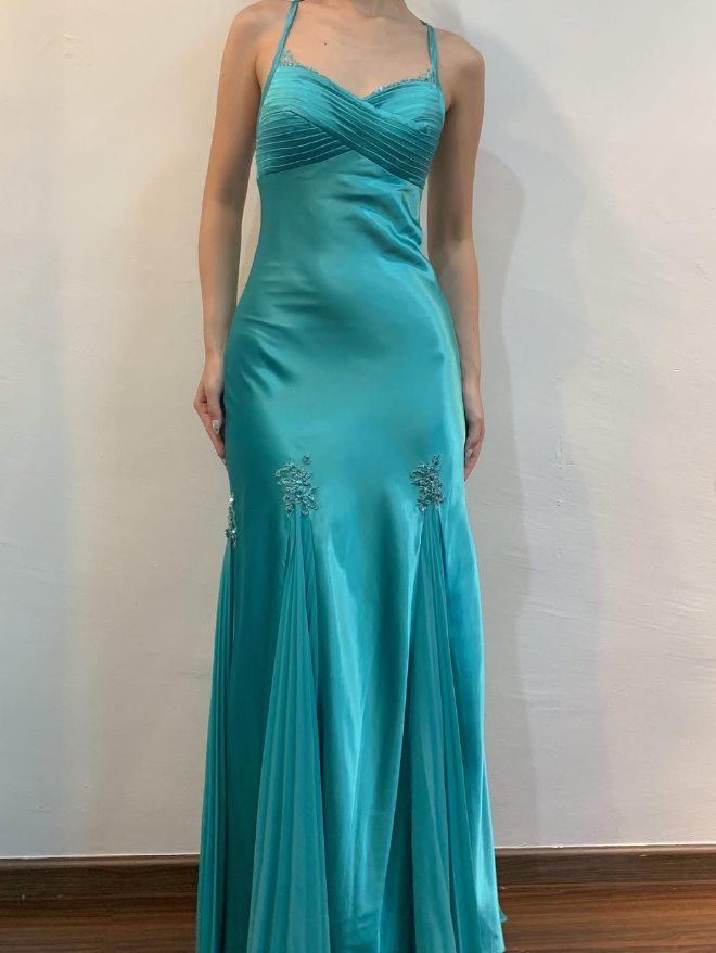 Vintage Mermaid Spaghetti Strap Appliques Blue Satin Prom Dress Evening Dress DP1621
