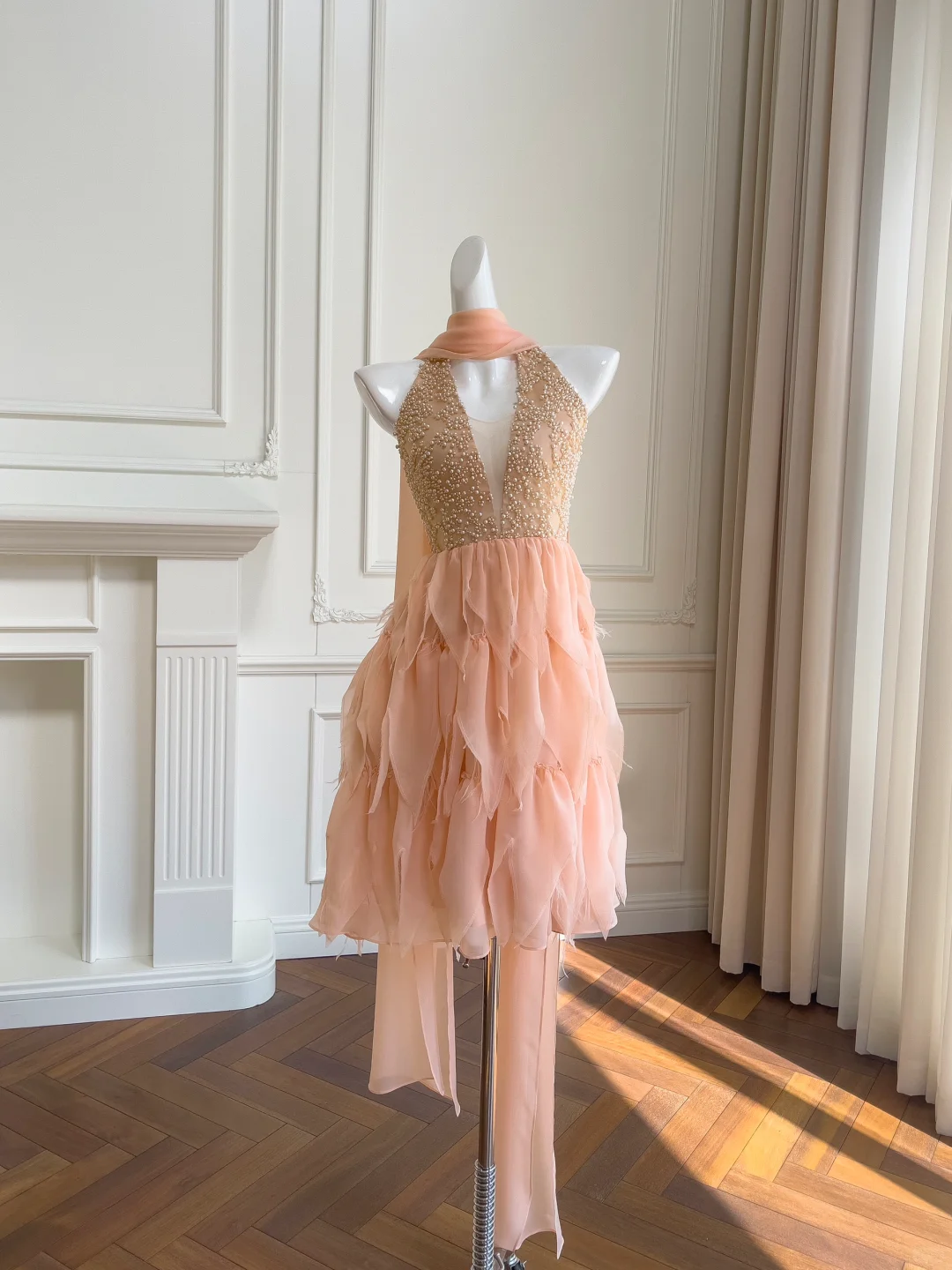 Fairy A Line V Neck Beaded Layered Pink Chiffon Short Homecoming Dress Cocktail Dress DP2492