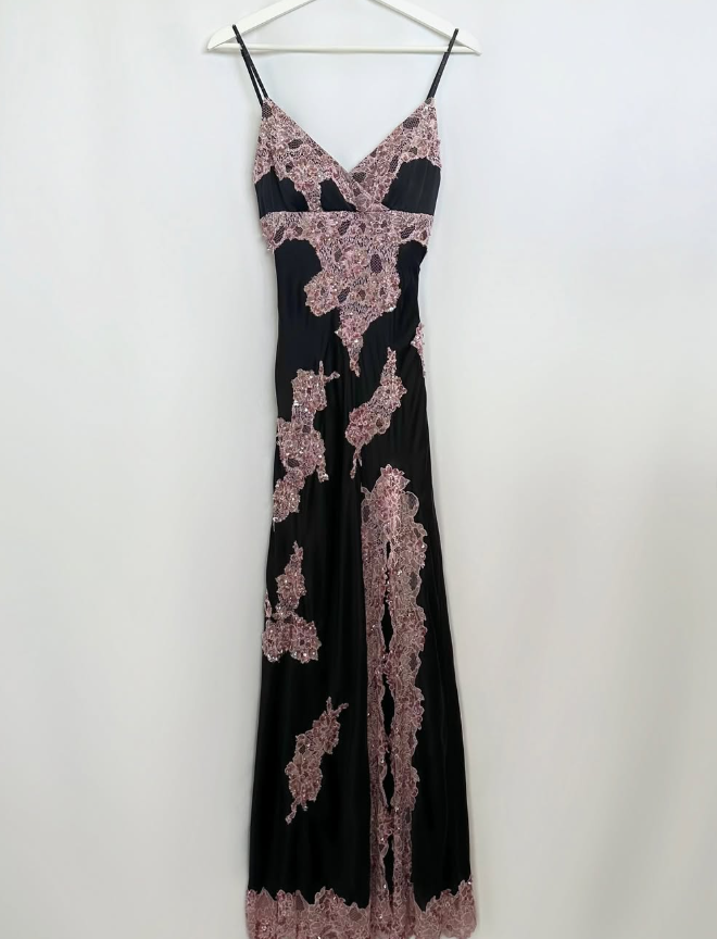 Vintage Sexy A Line Spaghetti Strap Pink Lace Black Satin Prom Dress Evening Dress Date Dress DP3039