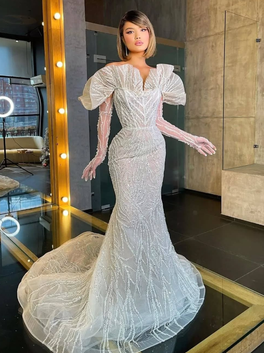 Inspiration Mermaid Long Sleeve Beaded White Tulle Long Sweep Prom Dress Evening Dress DP1936