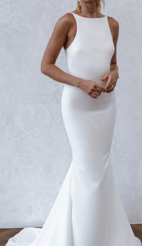 Simple Mermaid Spaghetti Strap Satin Open Back Long Sweep Wedding Dress DP1871
