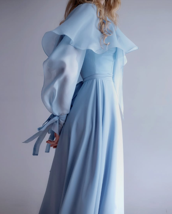 Flowy Chambray Blue A Line Long Sleeve Prom Dress Evening Dress Formal Dress DP3153