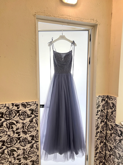 Grey Navy A Line Spaghetti Strap Beaded Tulle Long Prom Dress Evening Dress DP3327