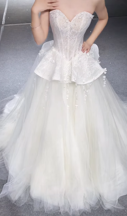 Fairy Ball Gown Strapless White Appliques Tulle Long Wedding Dress DP7867