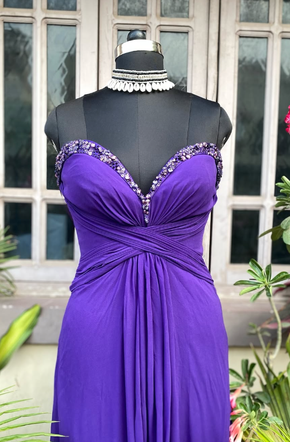 Purple A Line Sweetheart Neck Chiffon Long Prom Dress Evening Dress with Beads DP1379