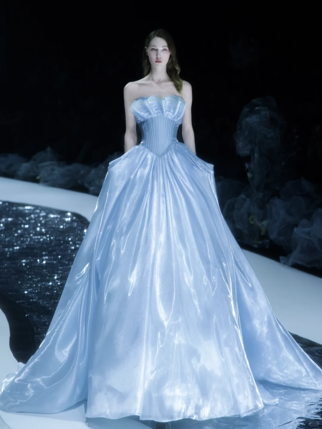 Baby Blue A Line Strapless Pleated Satin Long Prom Dress DP2837