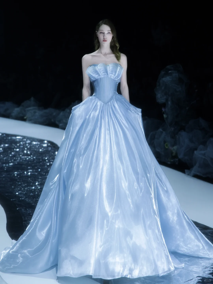 Baby Blue A Line Strapless Pleated Satin Long Prom Dress DP2837