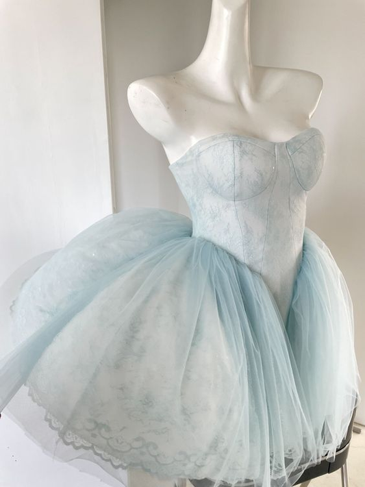 Baby Blue Lace Tulle Bustier Short Prom Dress Homecoming Dress DP472