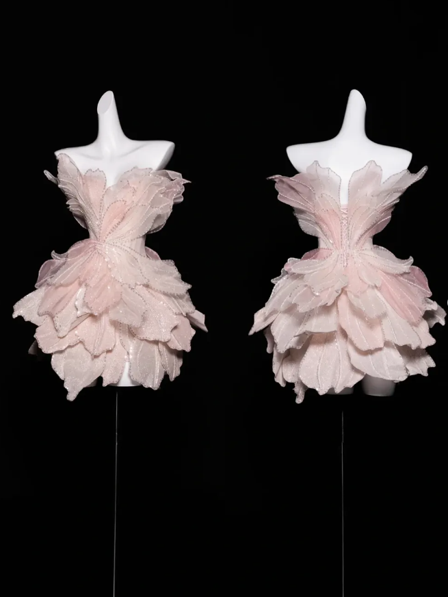 Pink Flower A Line Strapless Tiered Beaded Tulle Prom Dress Graduation Prom Dress DP1978
