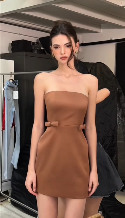 Simple A Line Strapless Brown Bow Satin Short Homecoming Dress Outfits DP4519