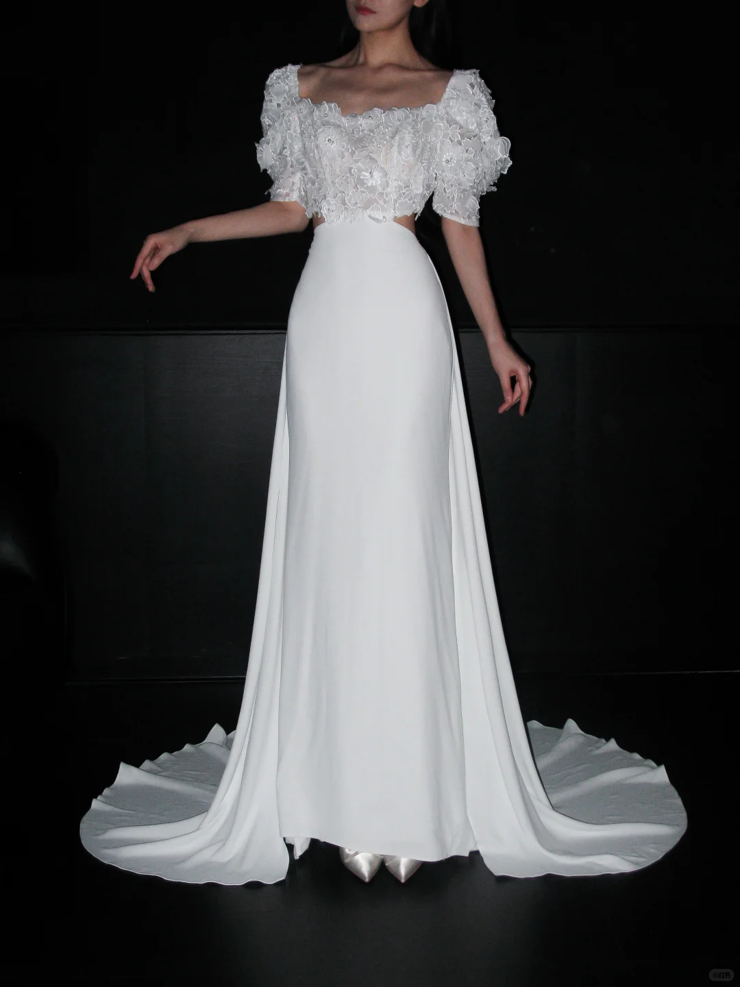Cute Puff Sleeve A Line White Lace Satin Long Wedding Dress DP5782