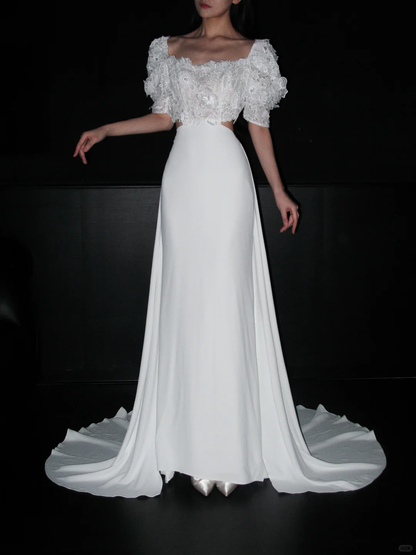Cute Puff Sleeve A Line White Lace Satin Long Wedding Dress DP5782