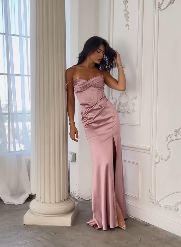 Beautiful Pink Sheath Spaghetti Strap Satin Prom Dress Evening Dress Date Dress DP6187