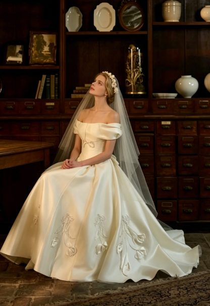 Princess Ball Gown Off the Shoulder Beaded Satin Long Prom Dress Wedding Dress DP3922