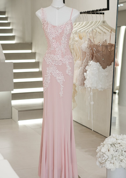 Elegant Pink Sheath Spaghetti Strap Lace Appliques Tulle Prom Dress Evening Dress DP6139