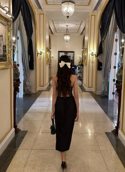 Cute A Line Spaghetti Strap Corset Black Satin Prom Dress 16th Birthday Dress DP3971