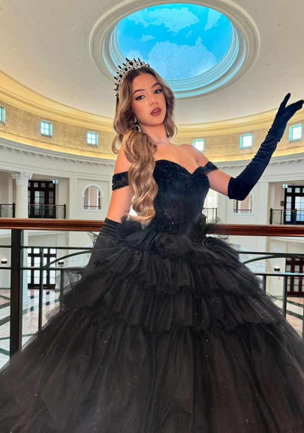 Black Ball Gown Off the Shoulder Beaded Layered Tulle Prom Dress Quinceanera Dress DP4834