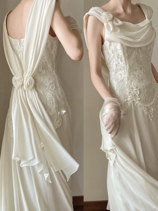 Elegant A Line Retro Lace Chiffon Long Open Back Prom Dress Evening Dress DP3323